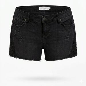 TORRID BLACK DISTRESSED STRETCH CUT OFF LACE CONCERT FESTIVAL EVERYDAY SHORTS